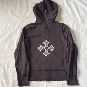 Twisted Heart Studded Heart Zip Up Hoodie Y2K Rhinestone Zipper Pull M Brown